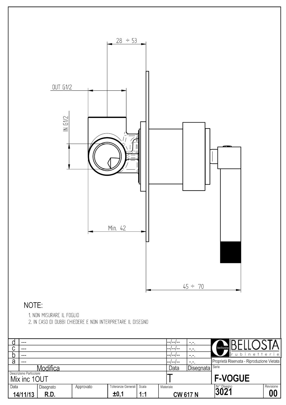 scheda tecnica miscelatore incasso 1 out belosta vogue light