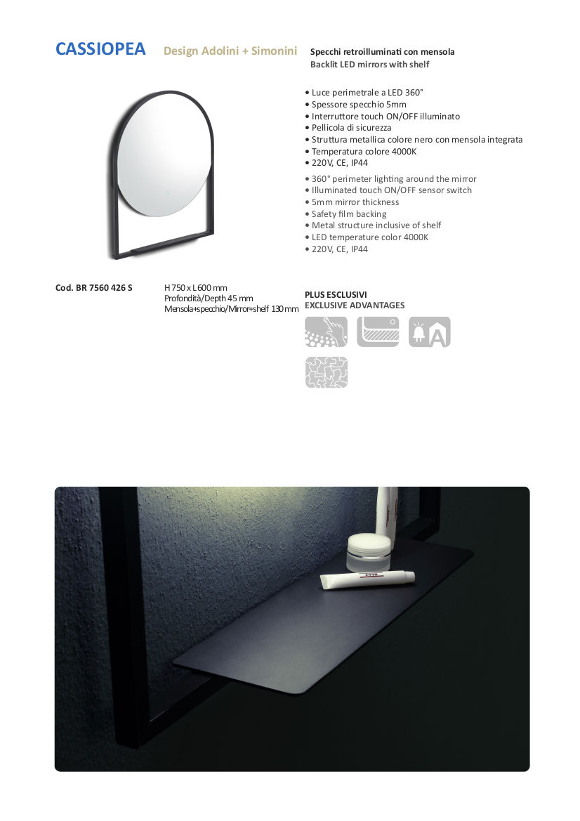 fiche technique miroir salle de bain led avec étagère vanità e casa cassiopea