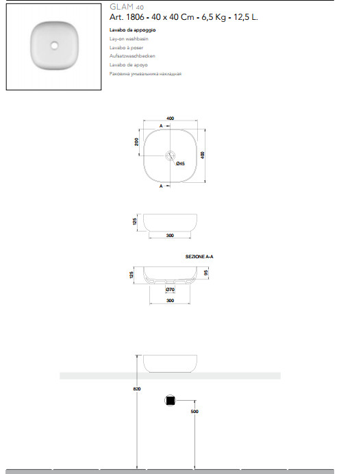 technische datenblatt aufsatzwaschbecken keramik 40x40 scarabeo glam