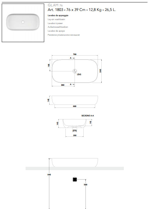 technische datenblatt aufsatzwaschbecken keramik 76x39 scarabeo glam