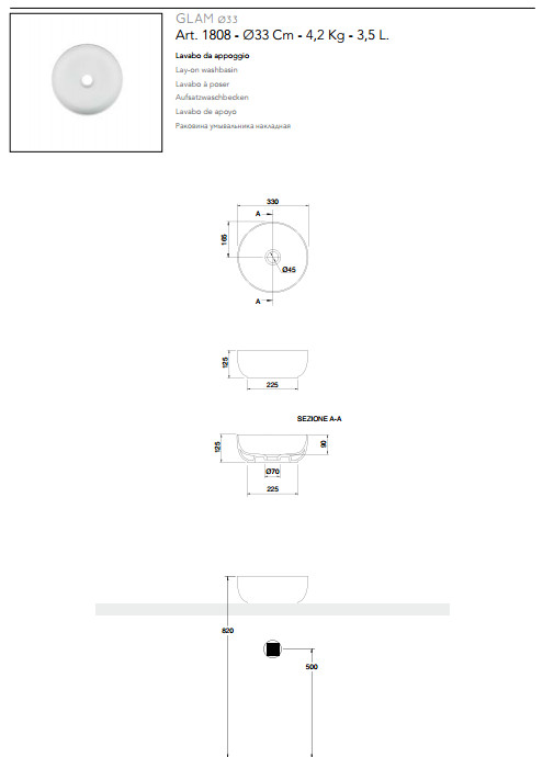 technische datenblatt aufsatzwaschbecken keramik Durchmesser 33 scarabeo glam