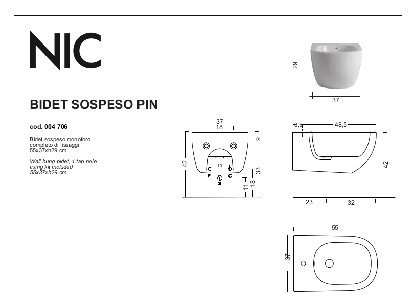 scheda tecnica bidet sospeso pin nic design