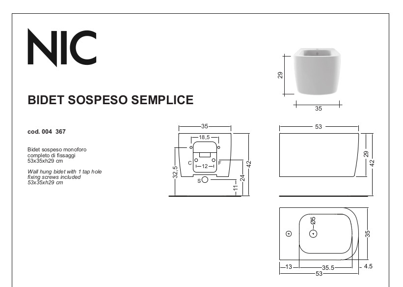 technisches datenblatt Hänge Bidet Semplice Nic Design
