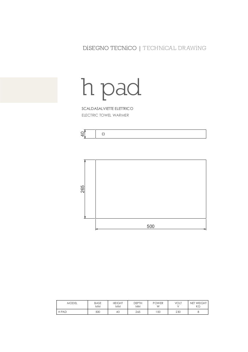 scheda tecnica scaldasalviette elettrico h pad hom