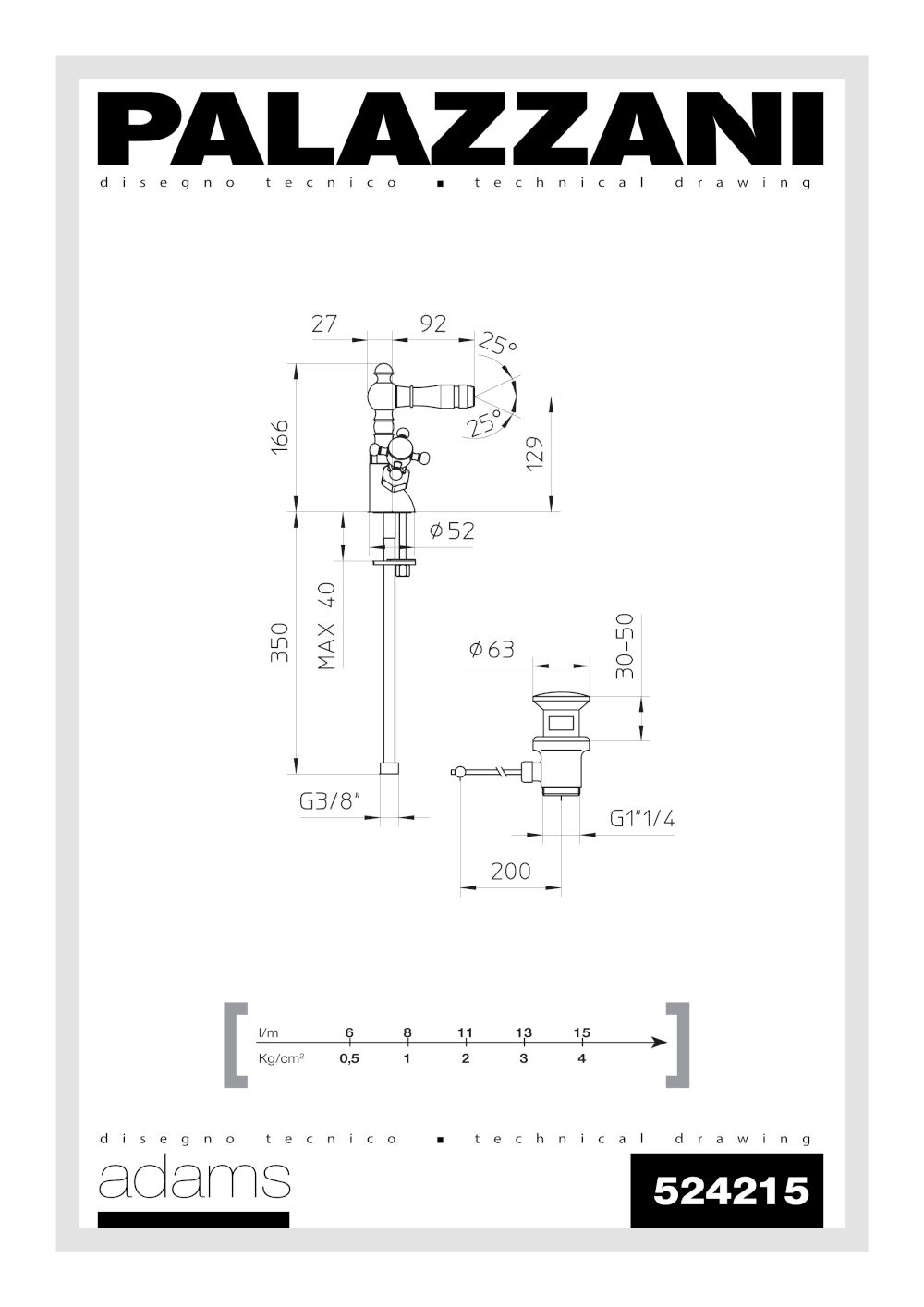 technisches datenblatt bidet mischer 524215 adams palazzani