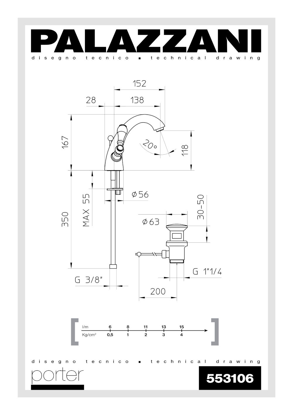 technical data sheet basin mixer 553106 porter palazzani