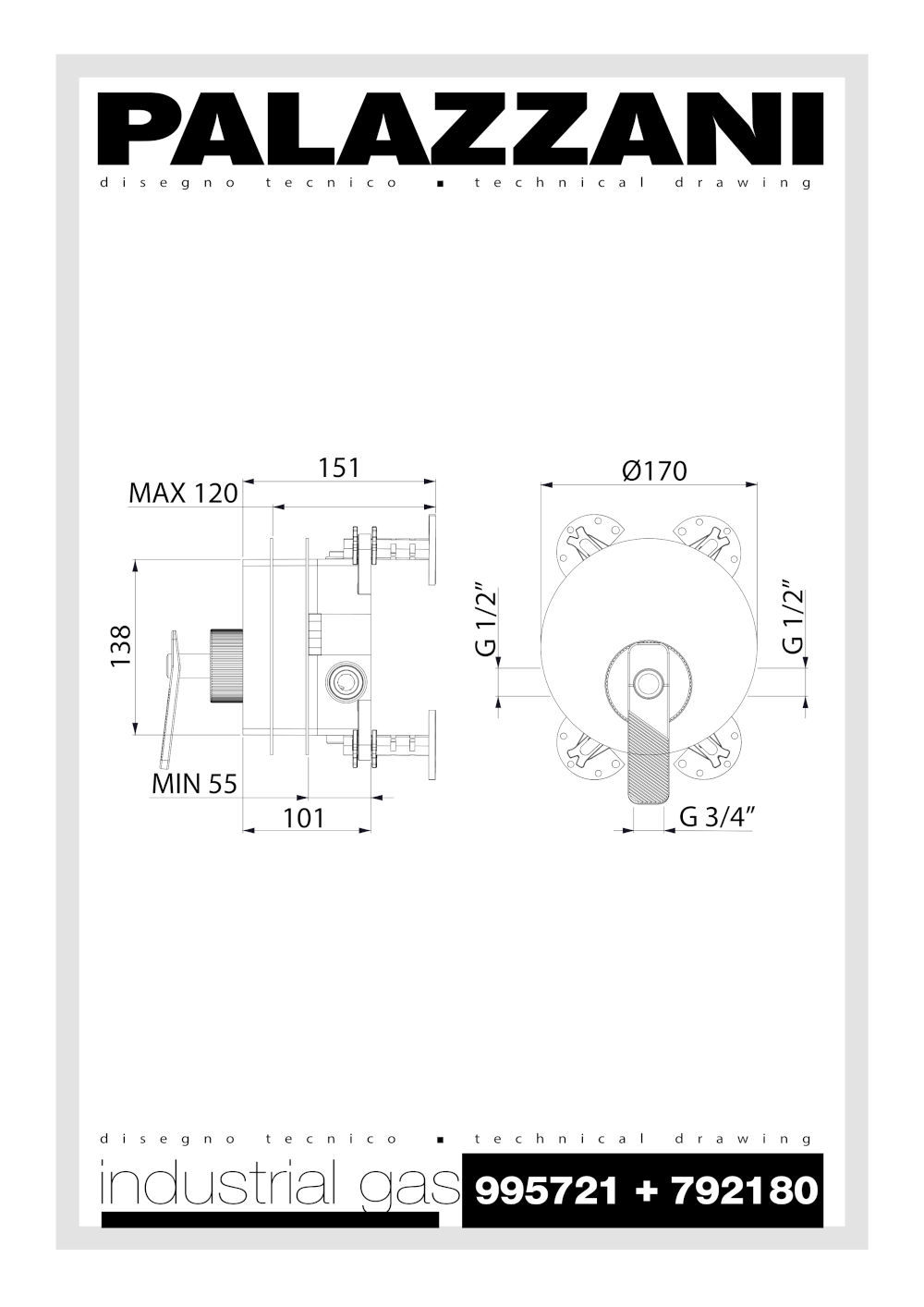 scheda tecnica parti esterne miscelatore doccia 792180 industrial gas palazzani