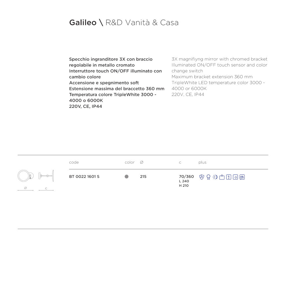 scheda tecnica specchio ingranditore galileo vanità & casa