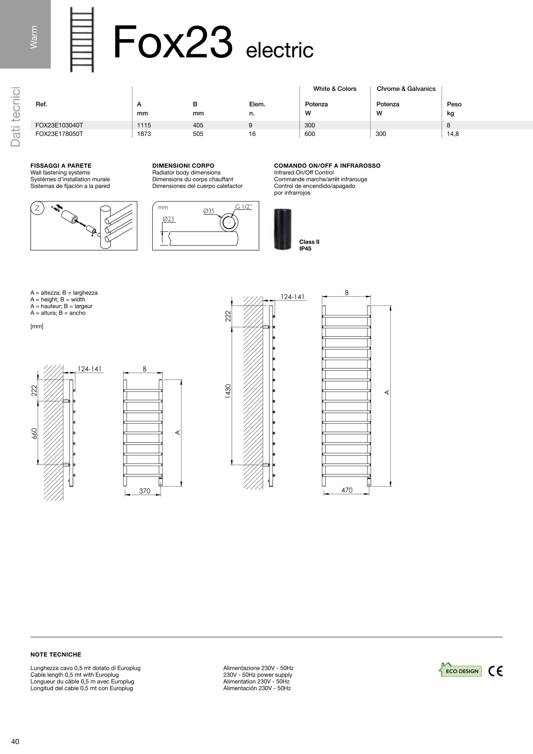 fiche technique deltacalor chauffe-serviettes électrique fox 23