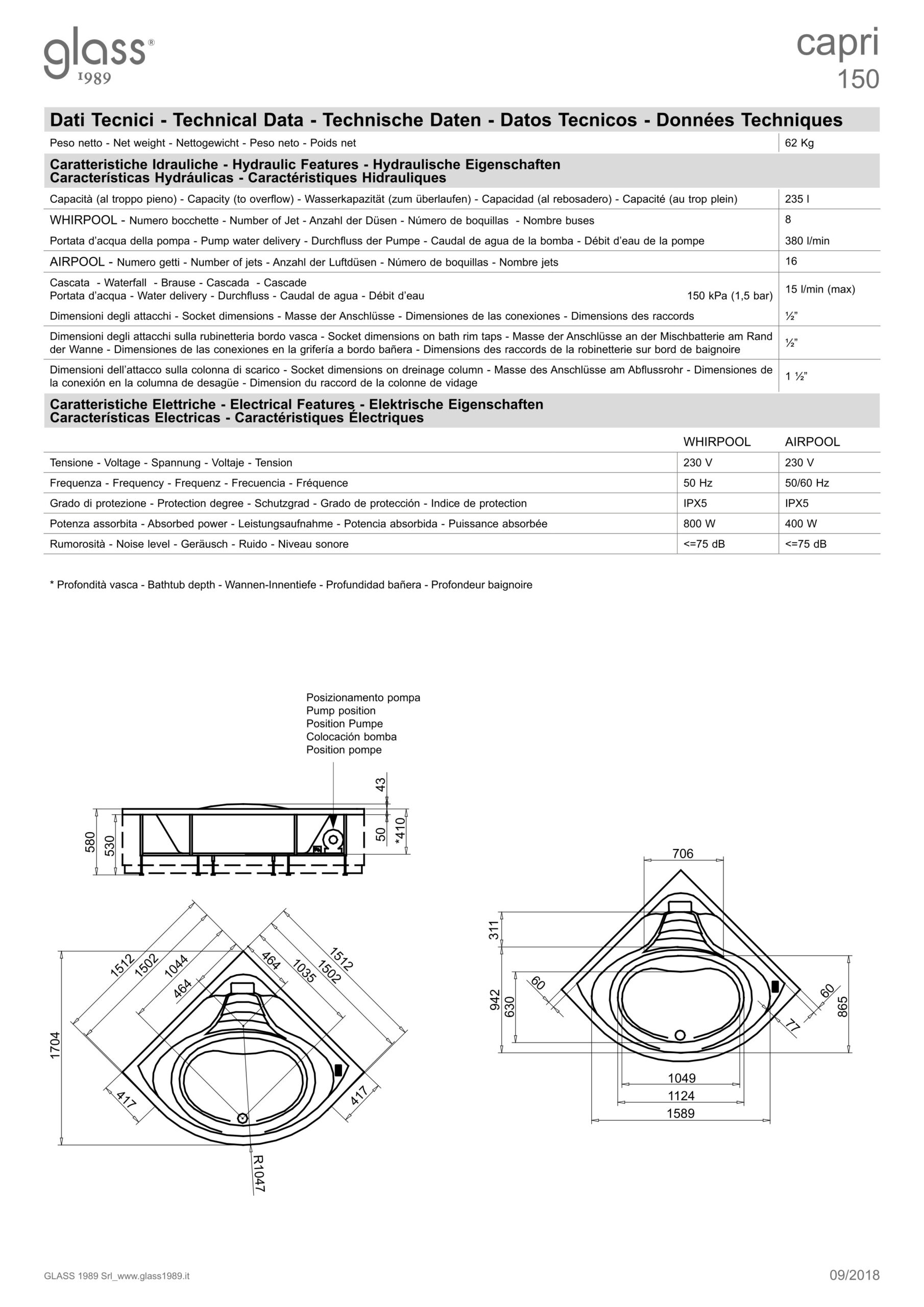 capri 150 glass whirlpool tub data sheet
