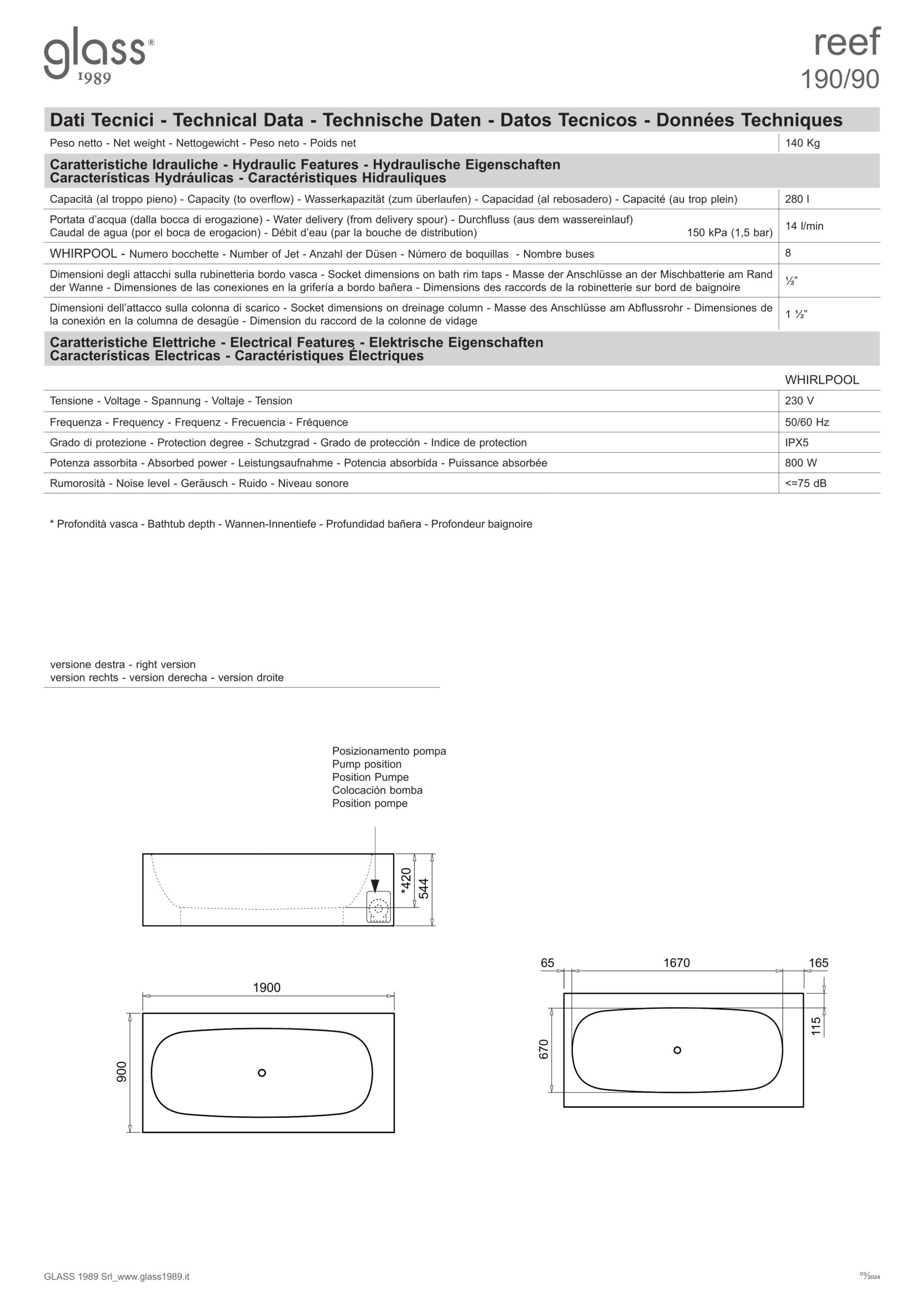 scheda tecnica vasca idromassaggio reef 190 glass