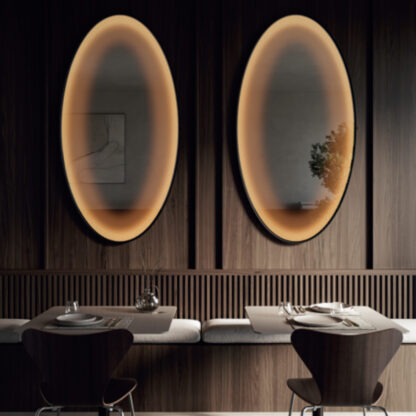 specchio telaio nero ghost mirror luce perimetrale foggy elliptical vanità e casa