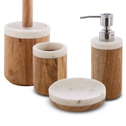 accessori da bagno in marmo bianco e legno cipì serie prajat quadrato
